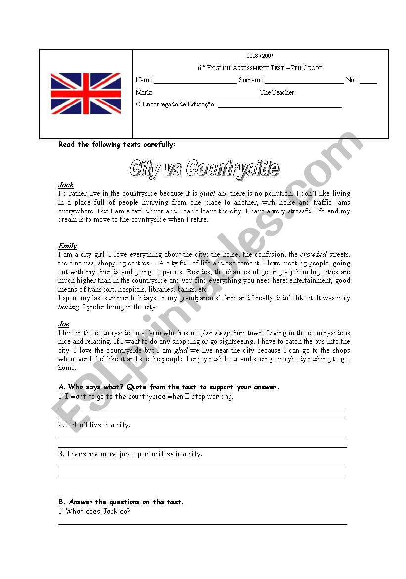 City vs Countryside Assessment Test