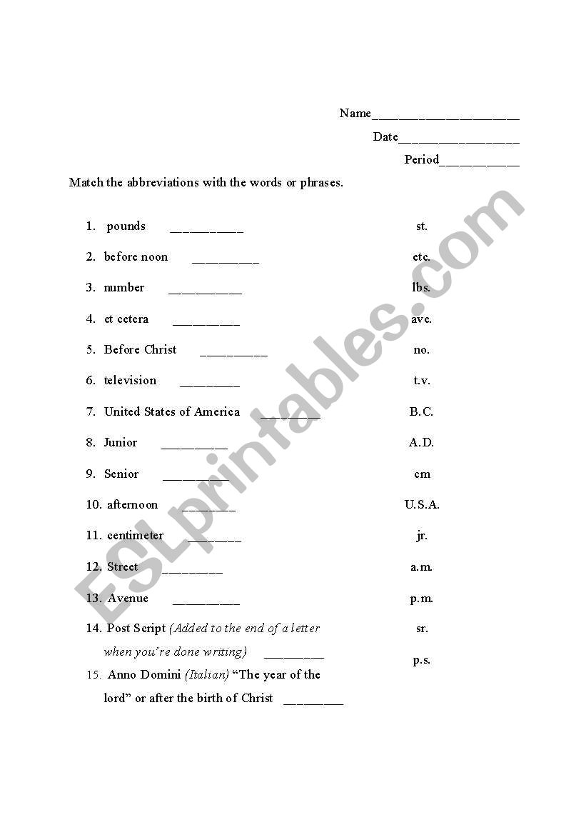 Common Abbreviations worksheet