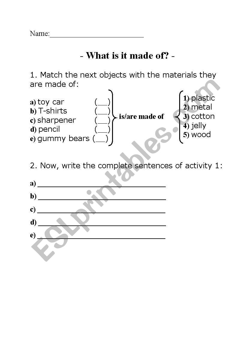 is/are made of worksheet