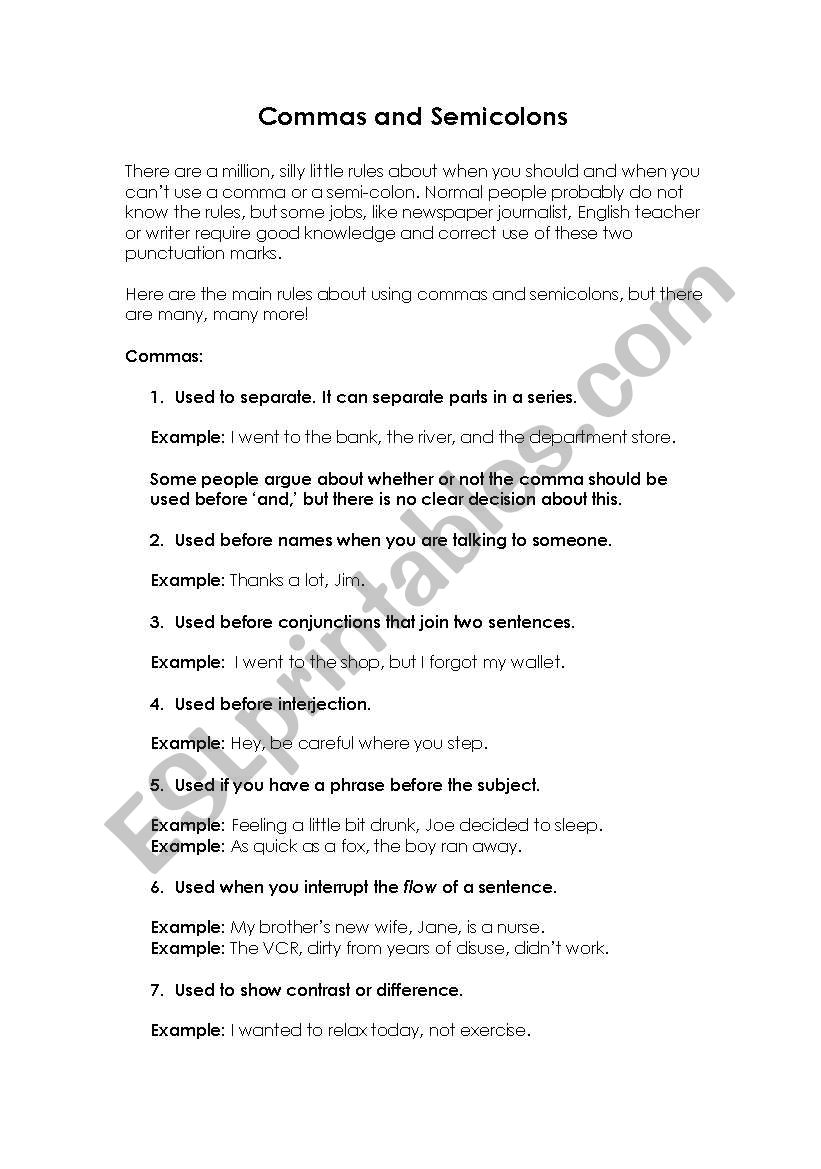 Commas and Semicolons worksheet