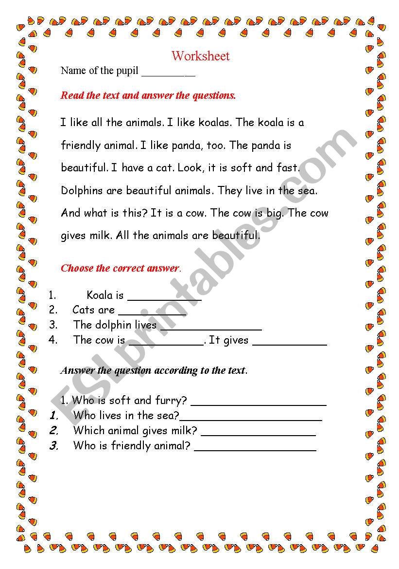 Animlas worksheet