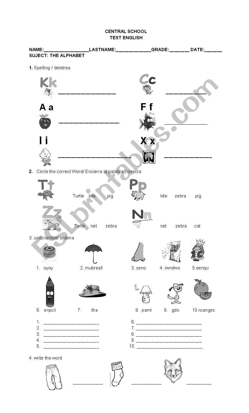 test alphabeth worksheet