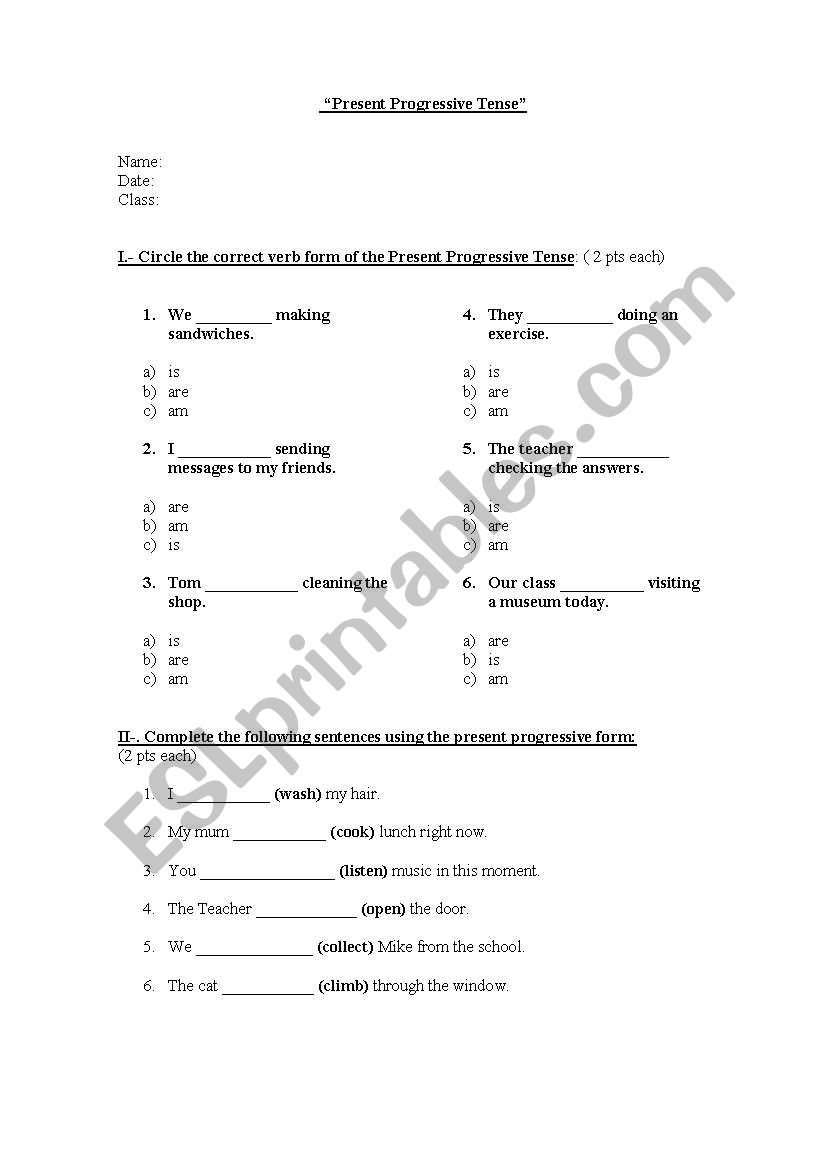 Present Progressive Worksheet and Reading Comprehension