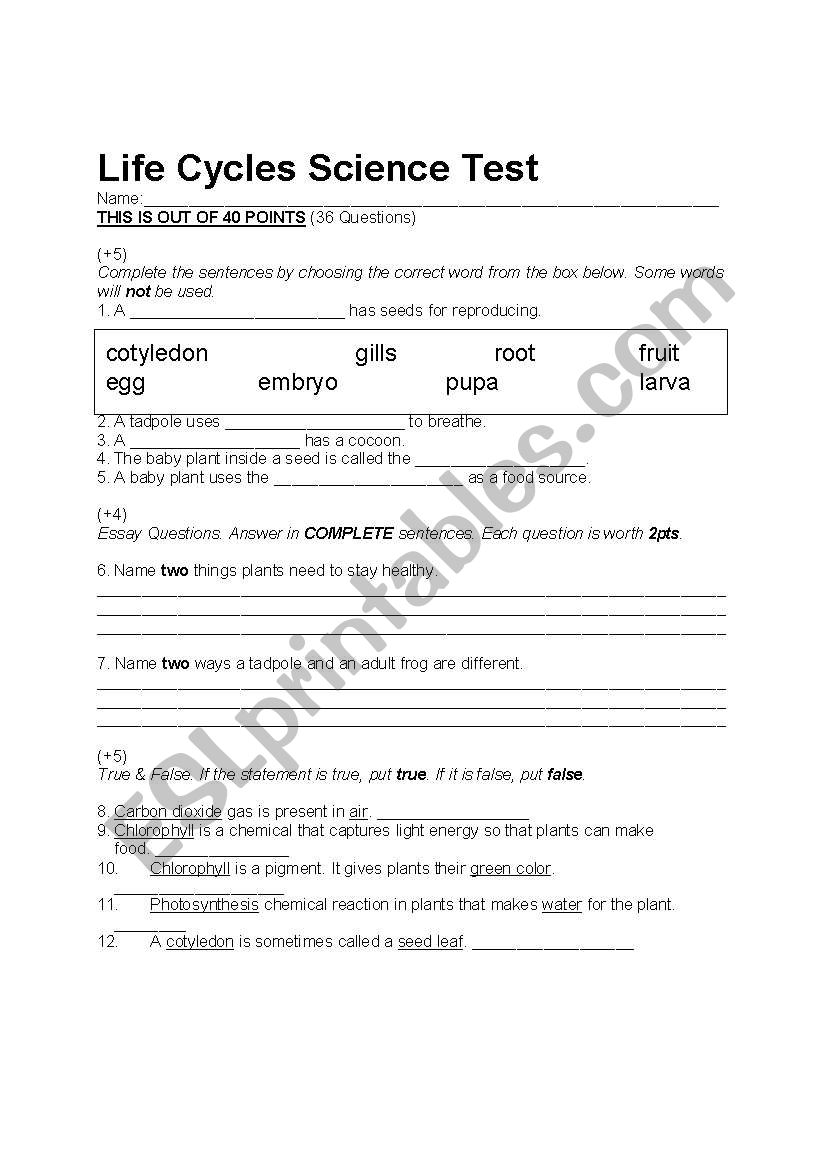 Life Cycles Science Test  worksheet
