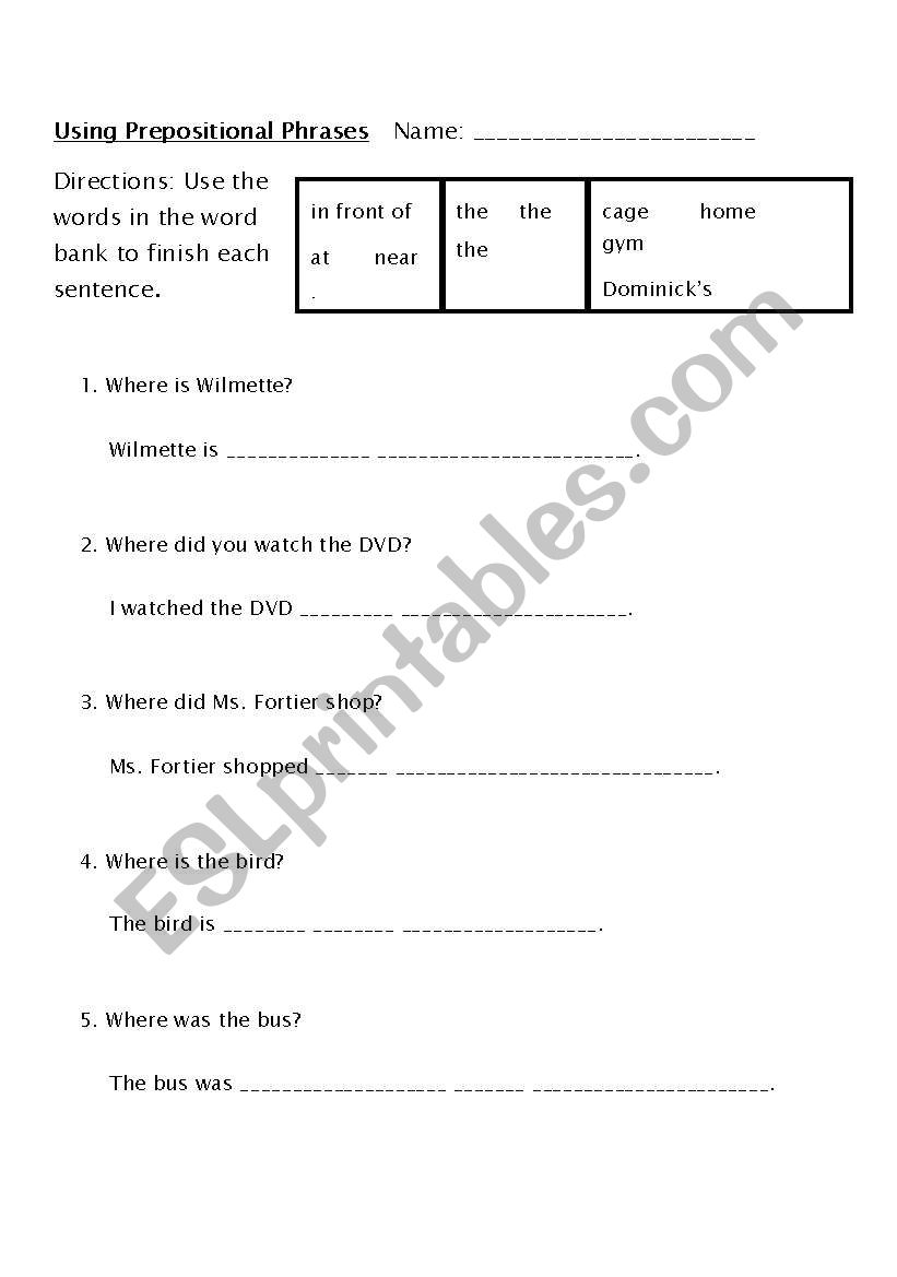 Using Prepositional Phrases 5 worksheet