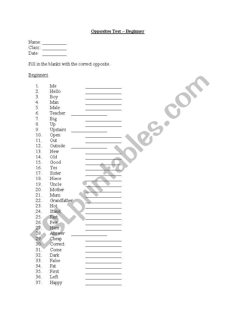 Opposites test worksheet