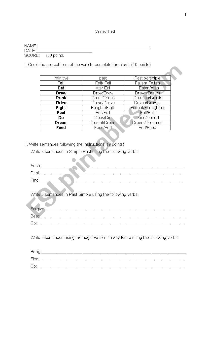 Irregular verbs Test 1 worksheet