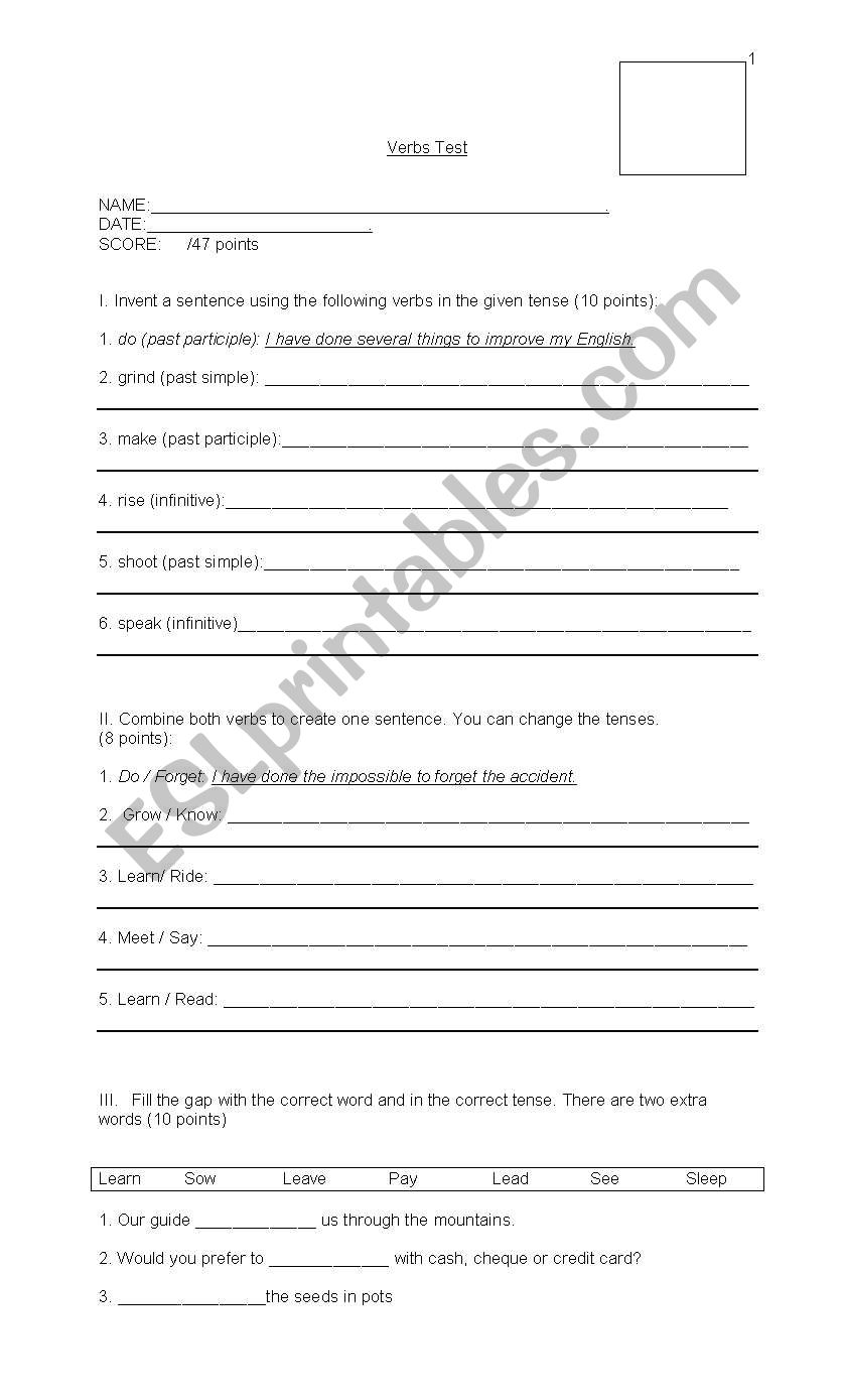 Irregular verbs Test 2 worksheet