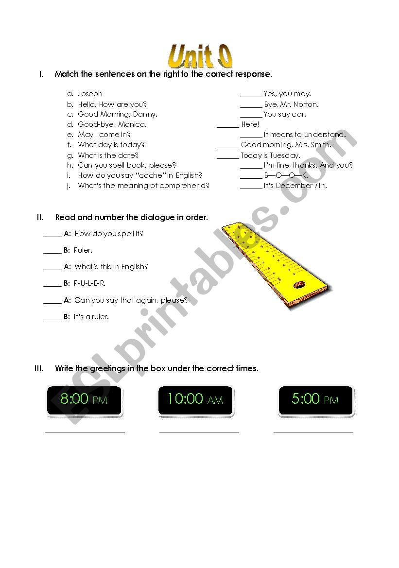 Quizz Unit 0 ESL worksheet