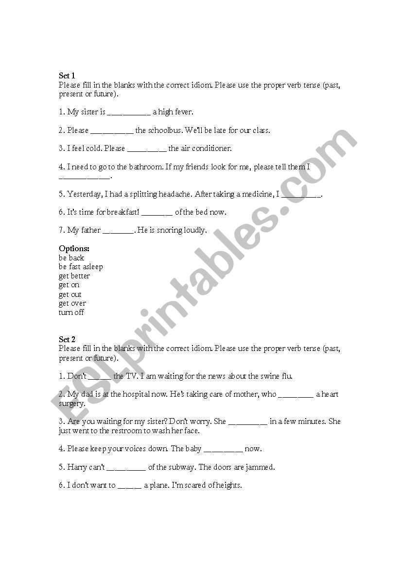 Seven Idioms Exercise (get on, get off, get out, etc.)