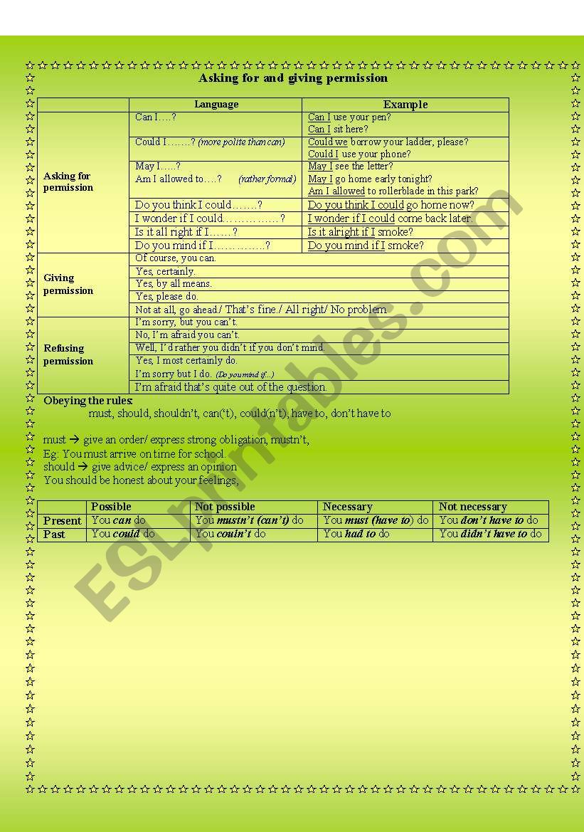 asking and giving permissions worksheet