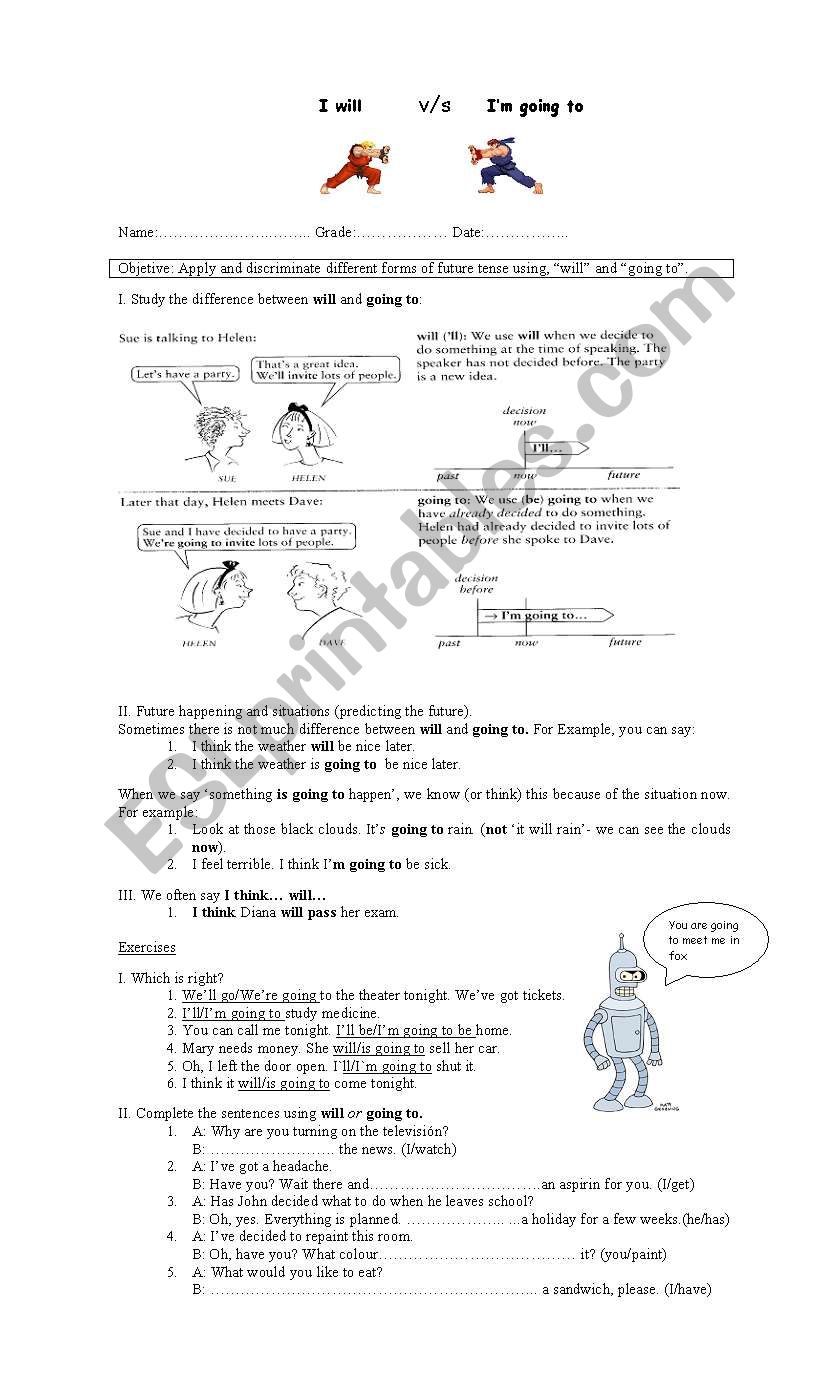 Will v/s Going To worksheet