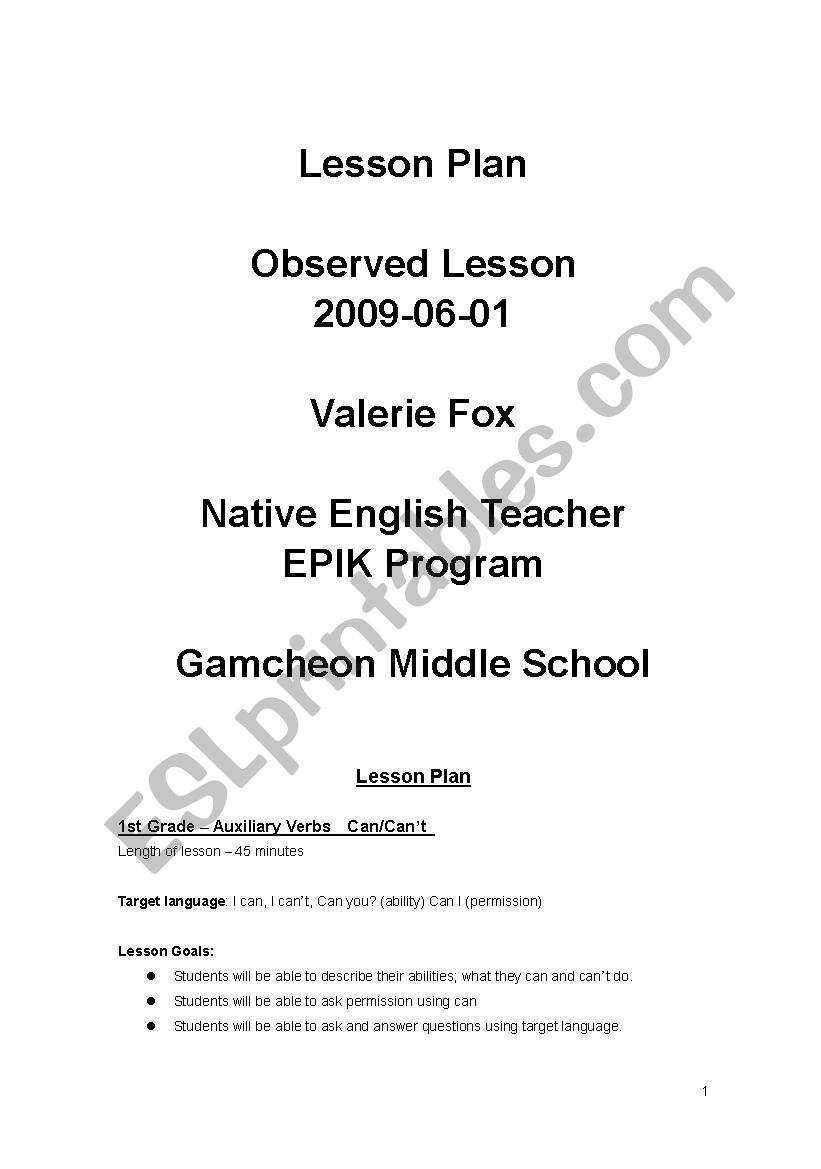 English worksheets: Lesson Plan Ca/Can´t