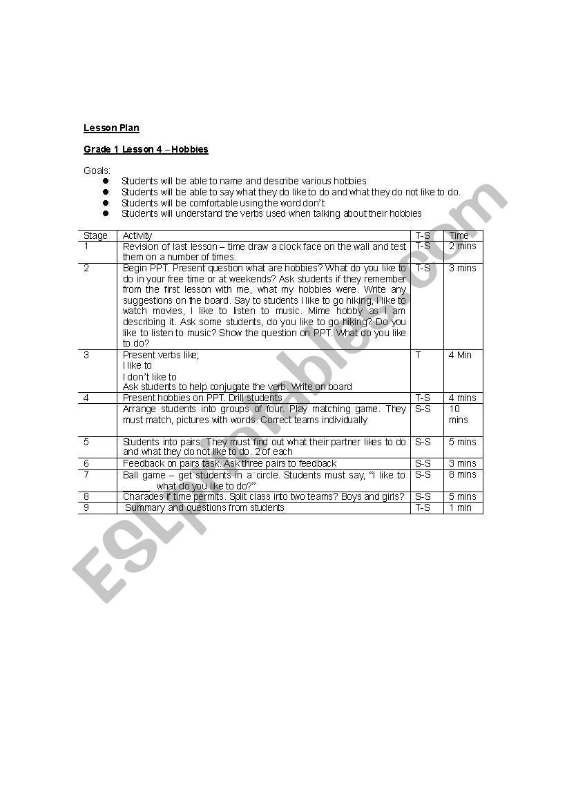 Lesson Plan - Hobbies worksheet