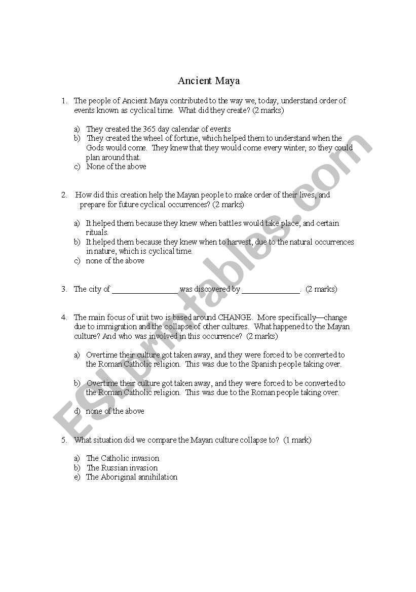 Ancient Maya quiz worksheet