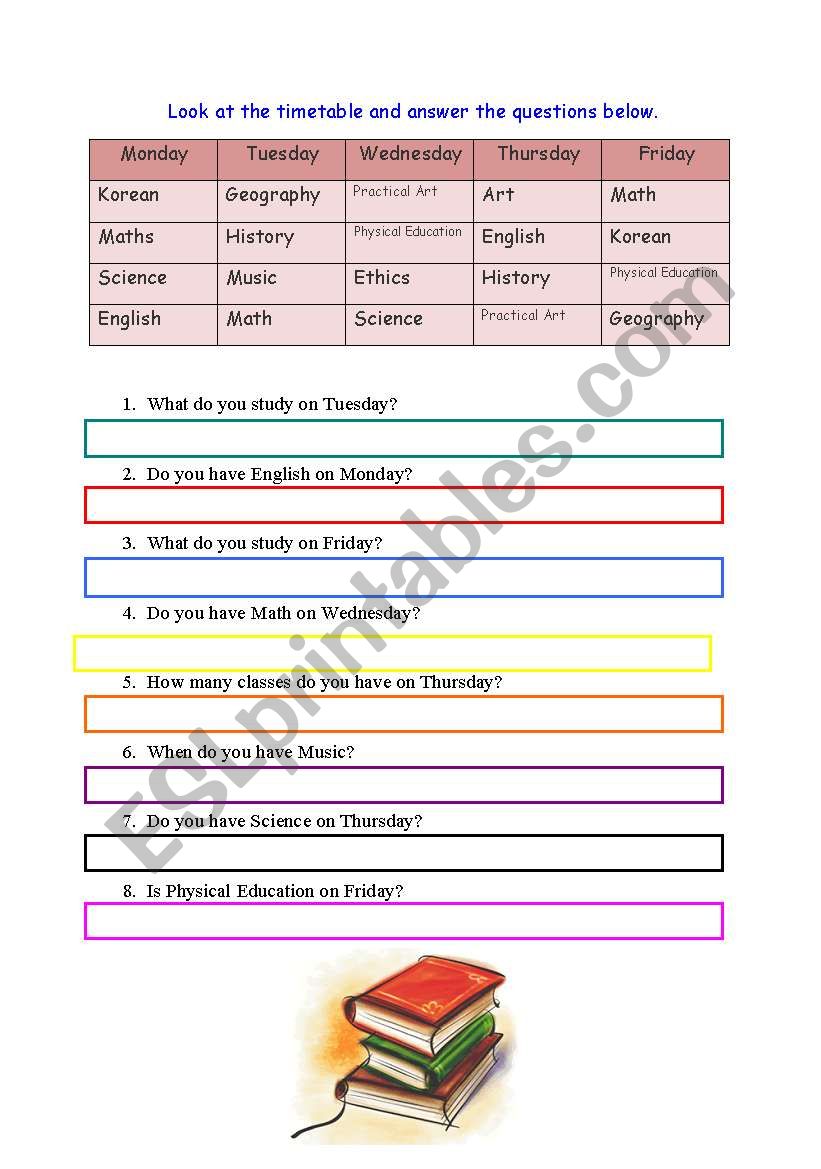 SCHOOL SUBJECT TIMETABLE worksheet