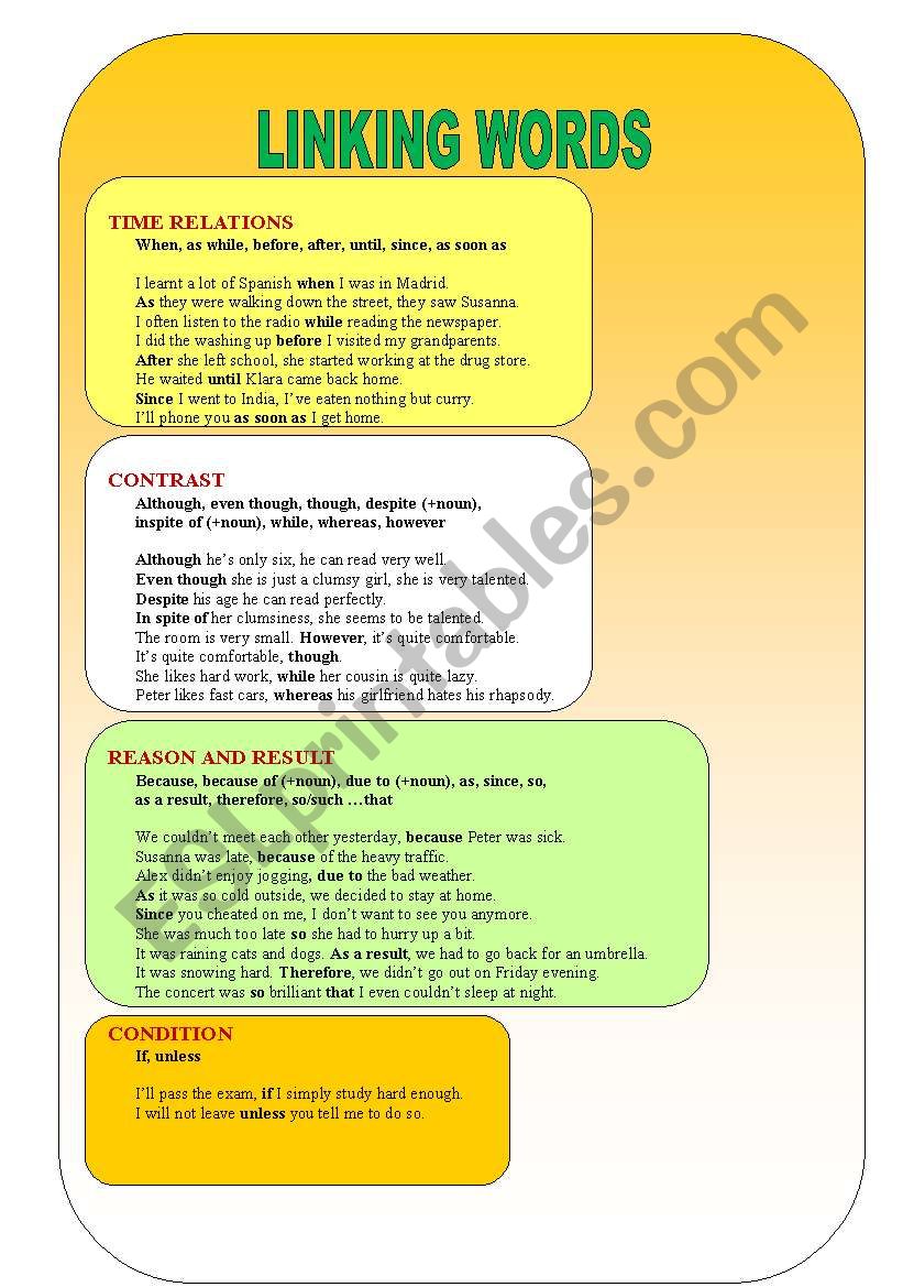 LINKING WORDS - time relations, contrast, reason/result, condition