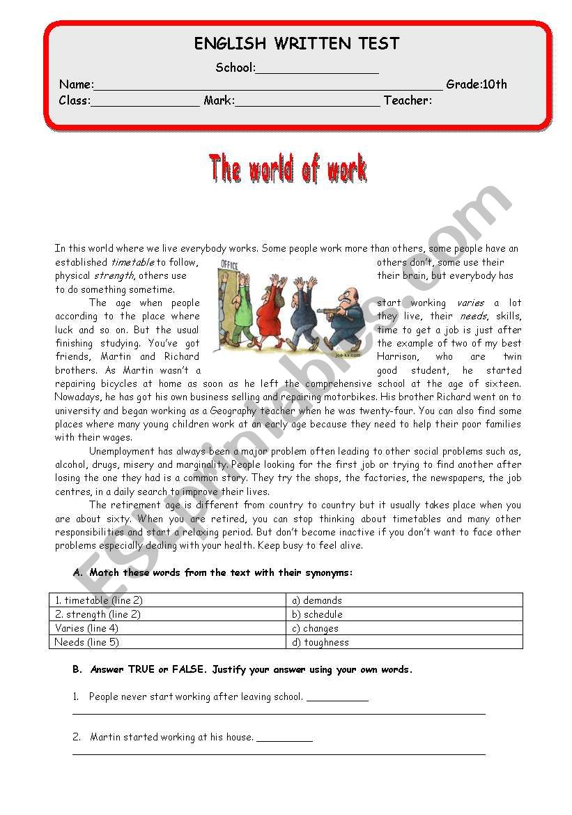 Test - M8 - The world of work worksheet