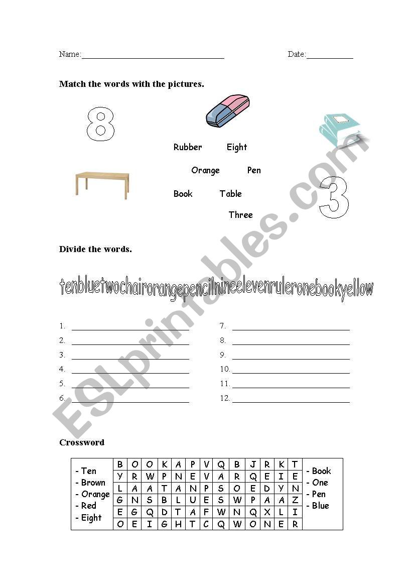 numbers, colours and objects worksheet