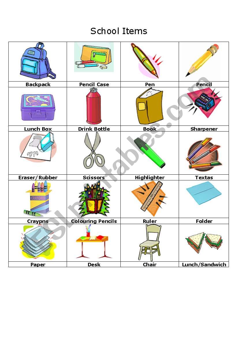 School Supplies ESL Vocabulary Worksheets