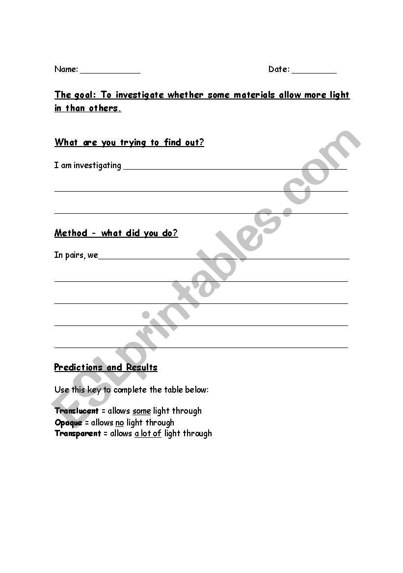 CLIL: light experiment worksheet