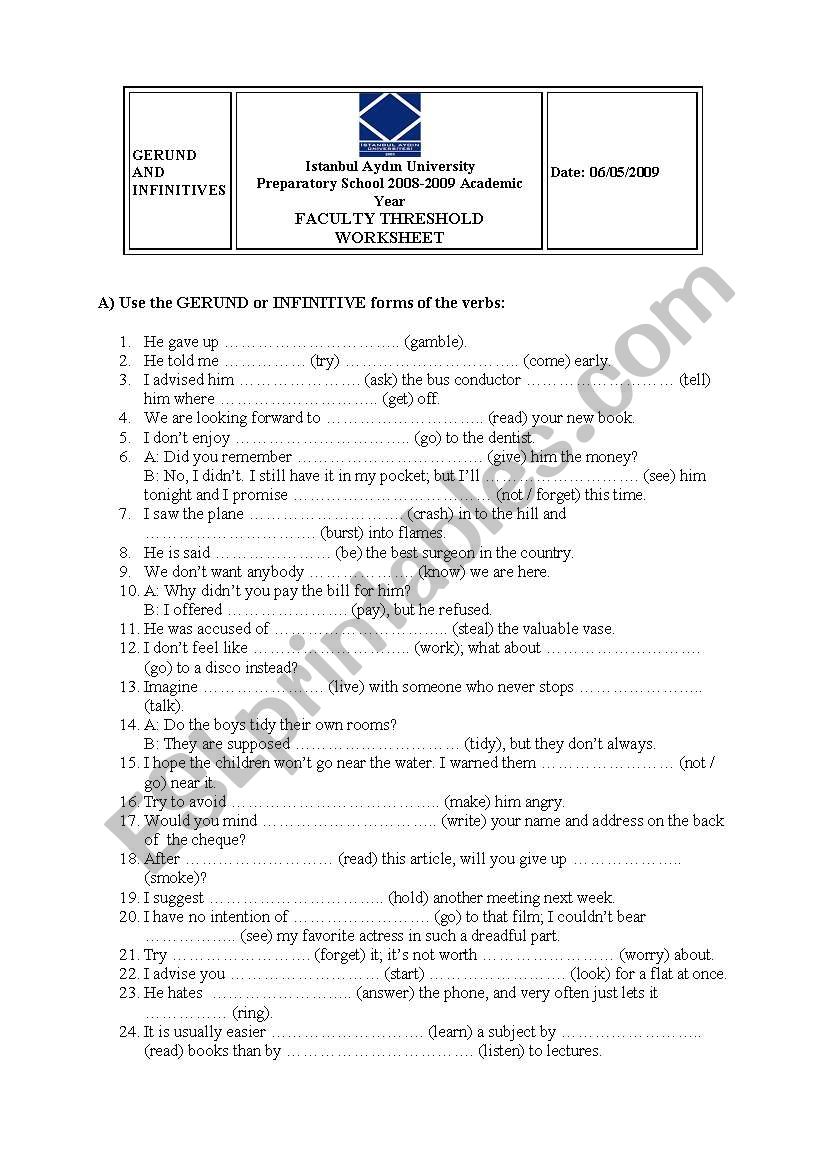 gerund and infinitives worksheet