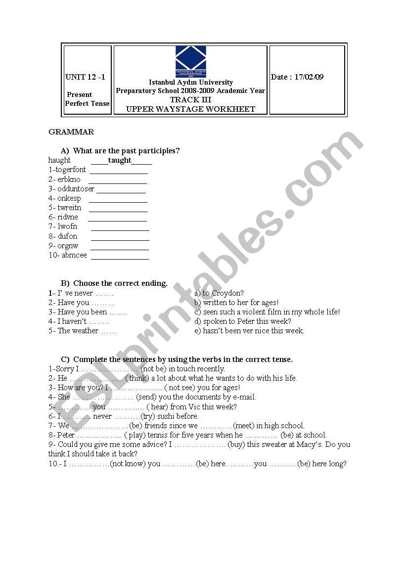 present perfect tense worksheet