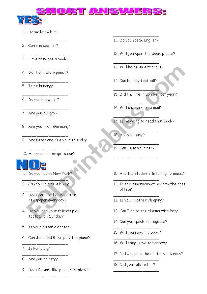 SHORT ANSWERS worksheet