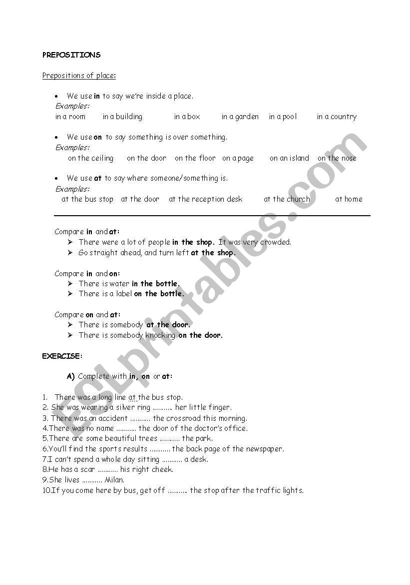 Prepositions of place worksheet