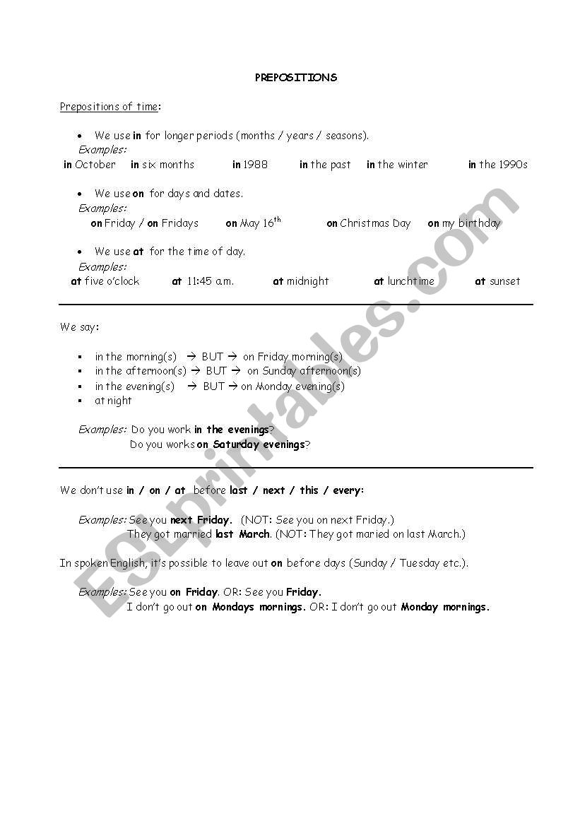 Prepositions of time worksheet