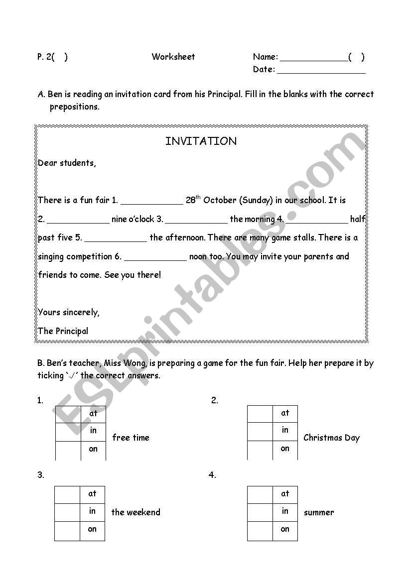 Preposition of place worksheet