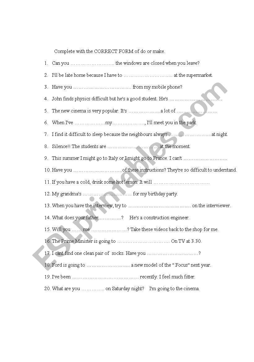 make or do worksheet