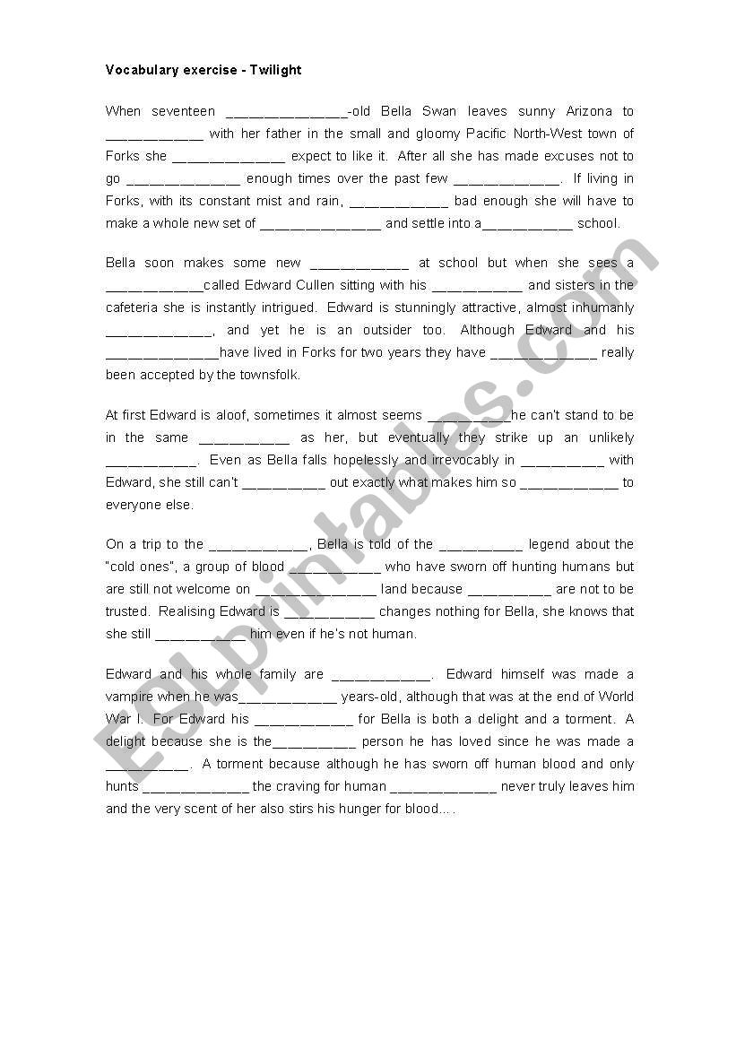 Twilight- vocabulary exercise worksheet