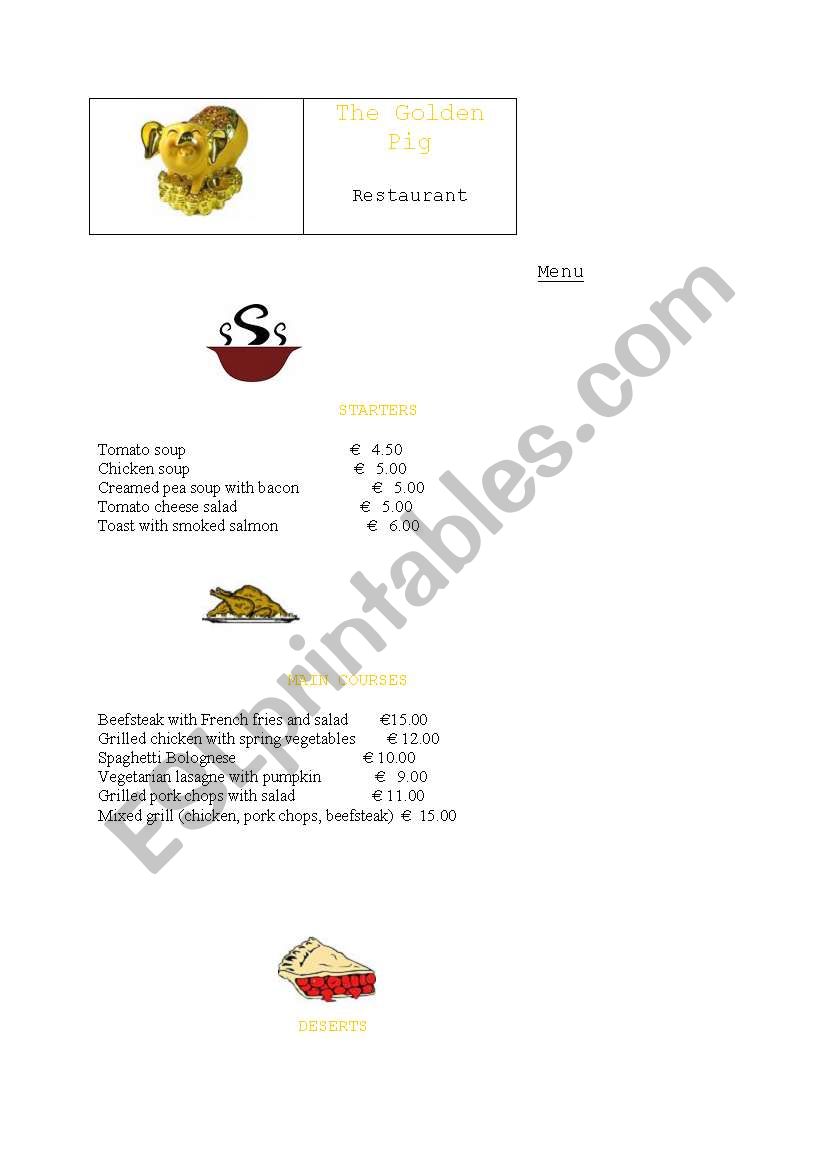 Restaurant menu worksheet