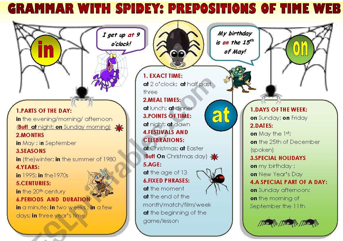 EASY GRAMMAR WITH SPIDEY! - PREPOSITIONS OF TIME WEB - FUNNY GRAMMAR-GUIDE FOR YOUNG LEARNERS IN A POSTER FORMAT (part 9)