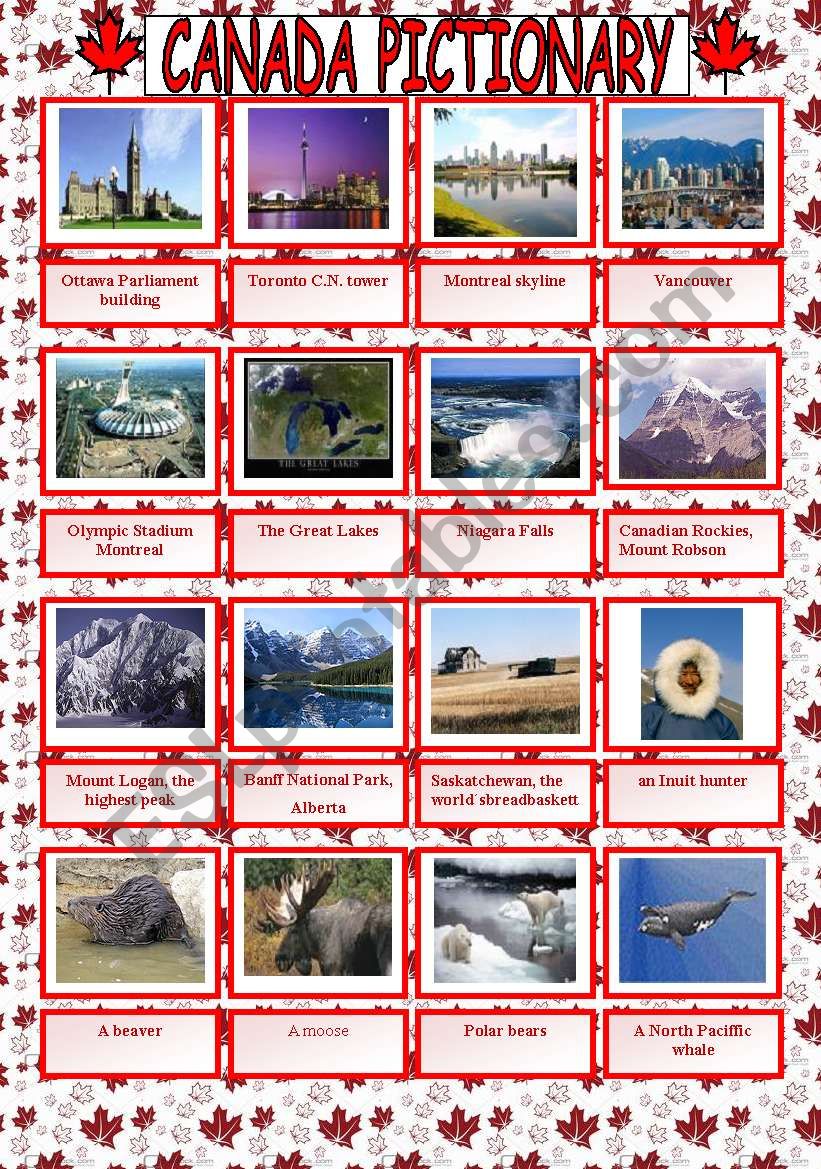 Canada pictionary and written pratice of the attractionsÂ´names