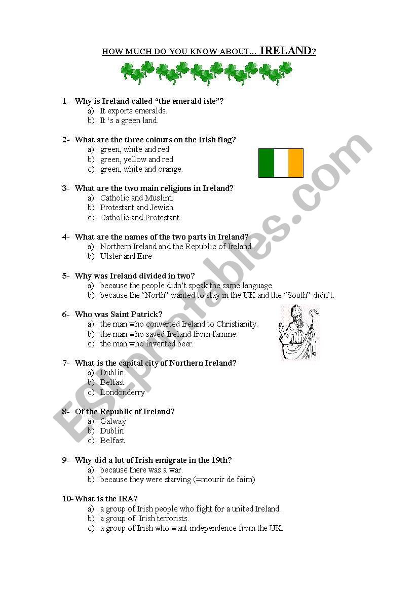 Quiz about Ireland worksheet