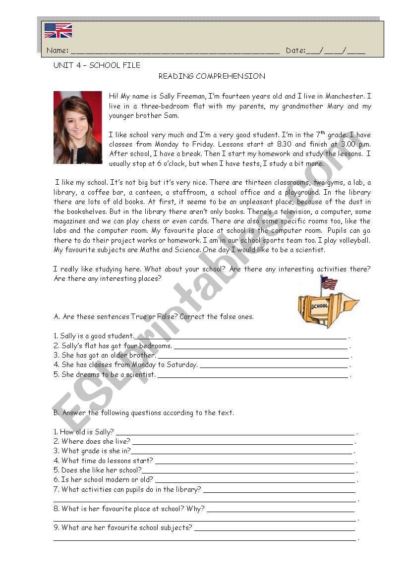 School : reading comprehension + grammar exercises (editable)