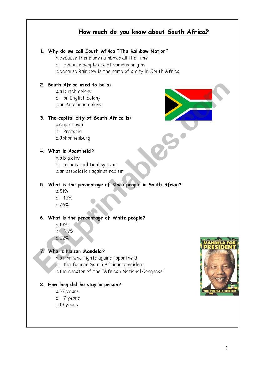 quiz about South Africa worksheet