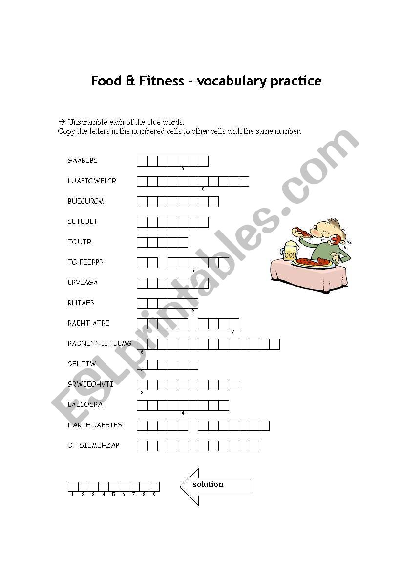 wordsearch - food and fitness worksheet