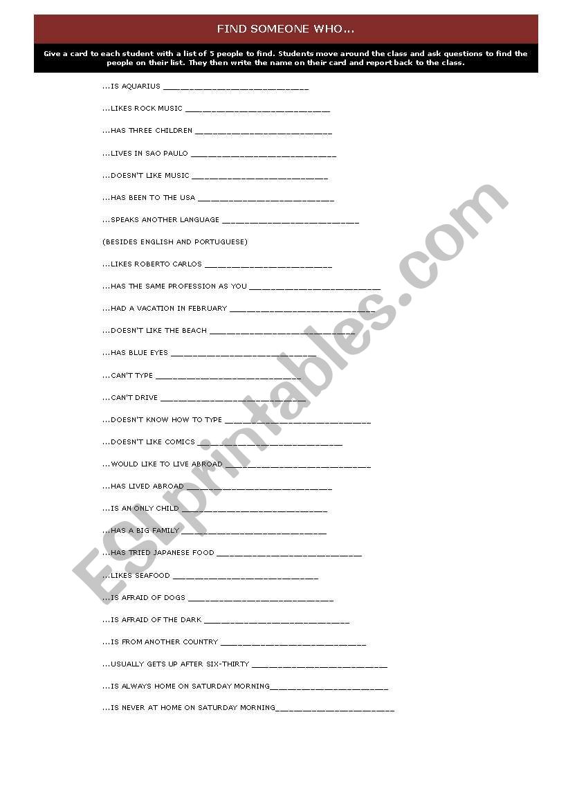 Find someone who... worksheet
