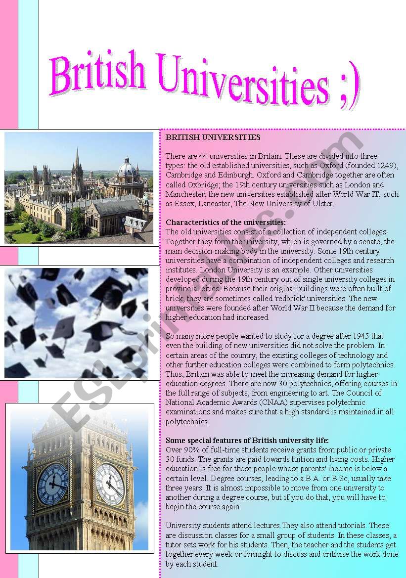 BRITISH UNIVERSITIES - reading passage and comprehension questions + answer key included... :)
