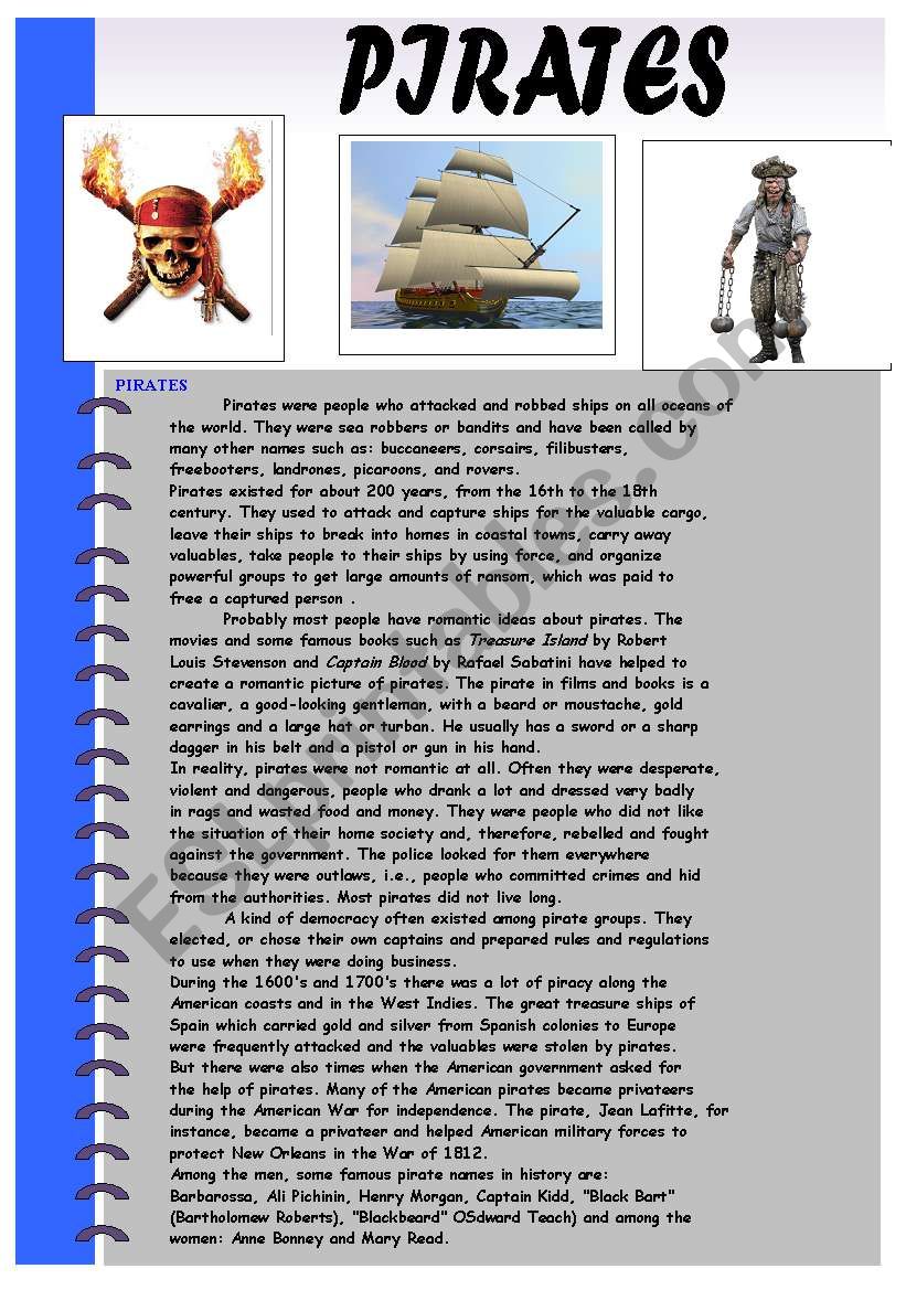 PIRATES vaoowwwwwww :) reading and comprehension questions with answer key :)