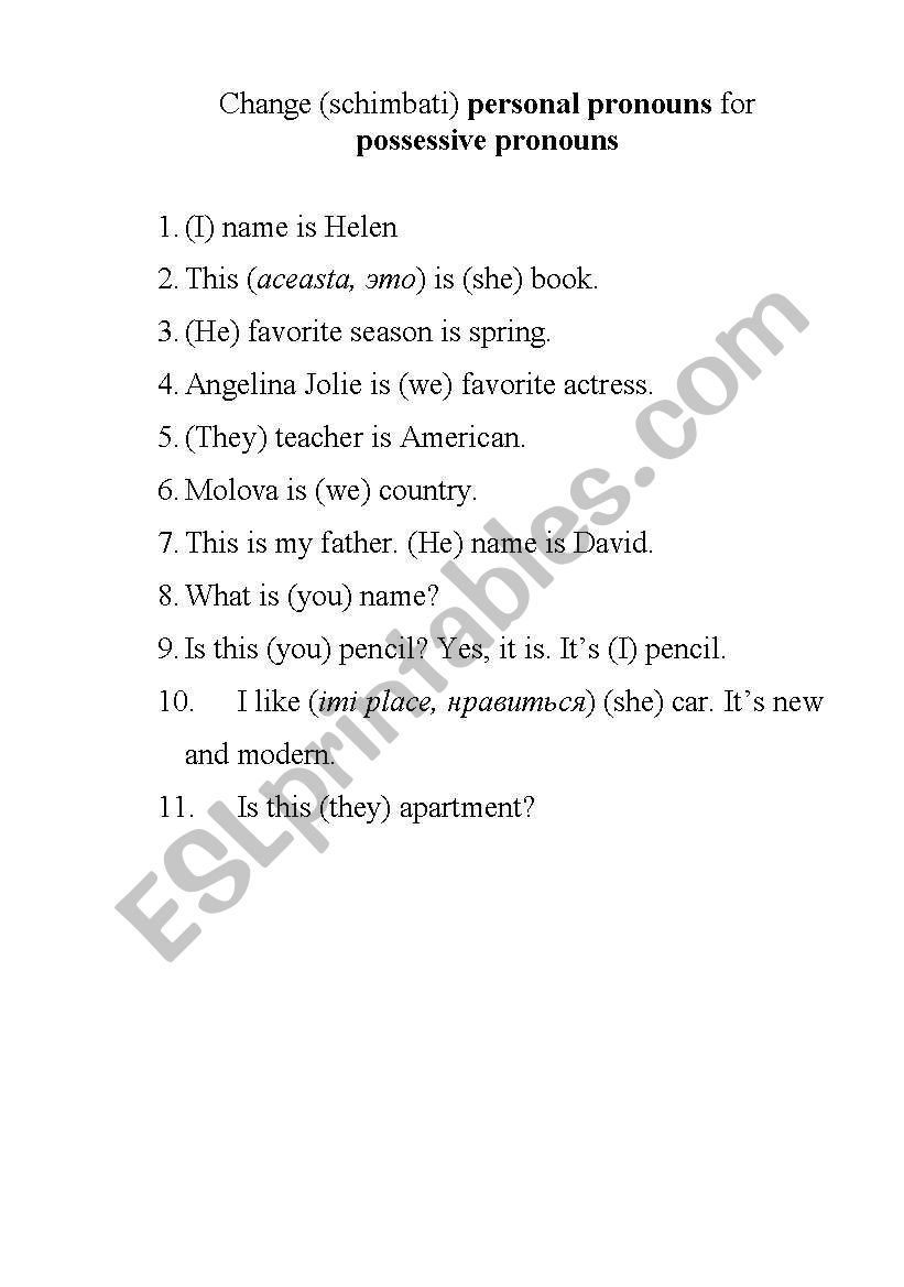 Posessive pronouns worksheet