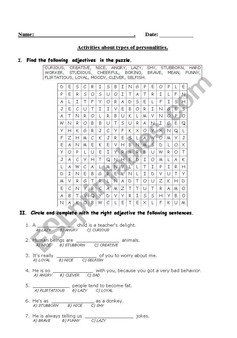 quiz about adjectives worksheet