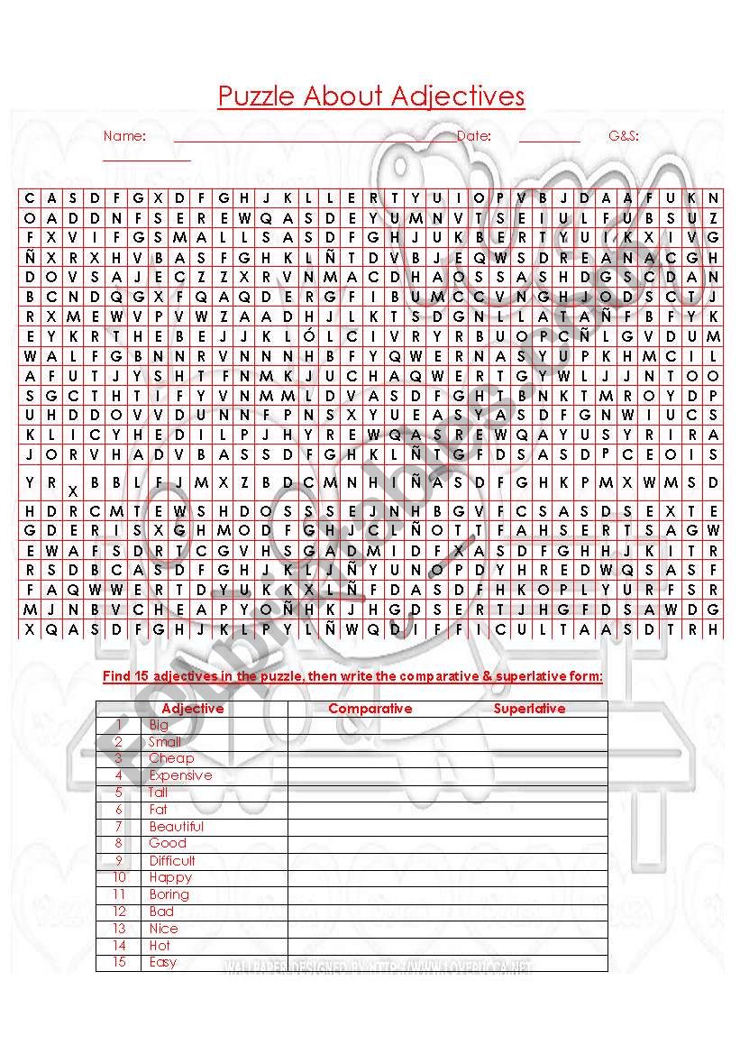 Puzzle about adjectives worksheet