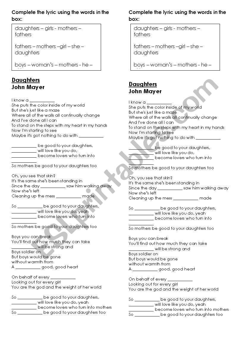 Daughters - John Mayer worksheet