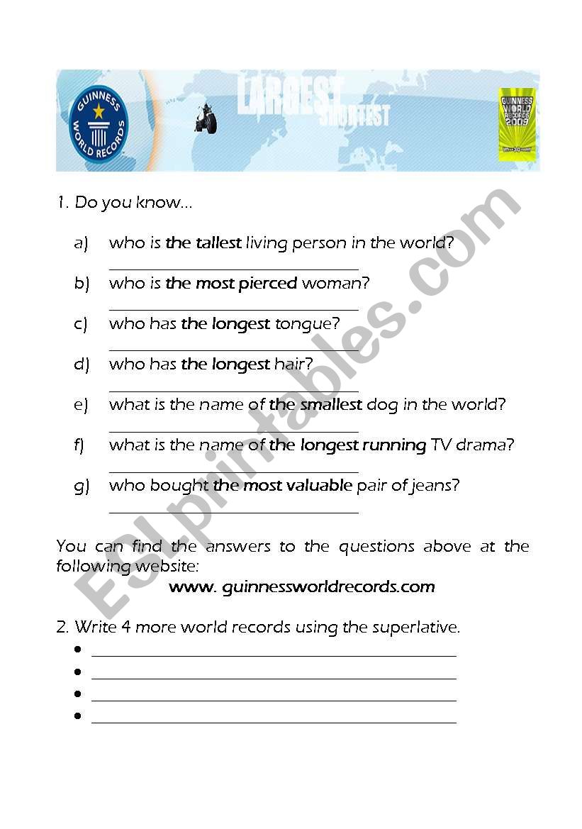 World Record Guinness worksheet