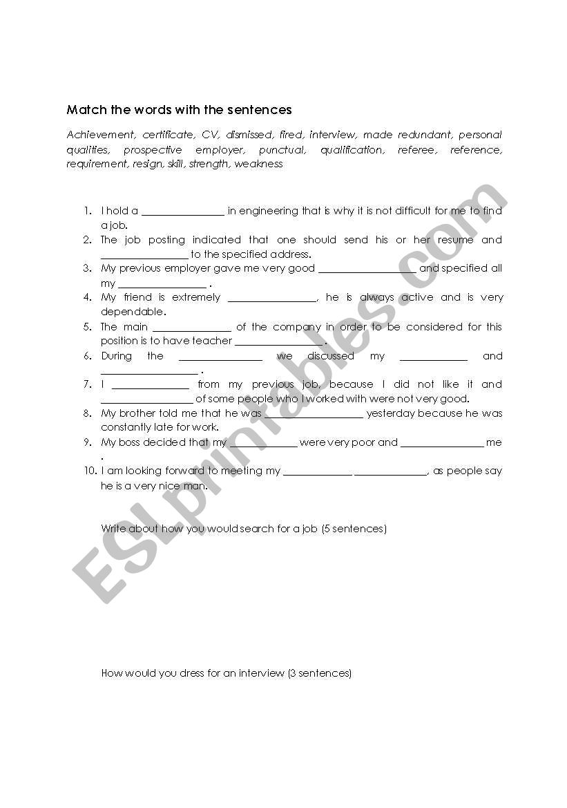 Employment worksheet