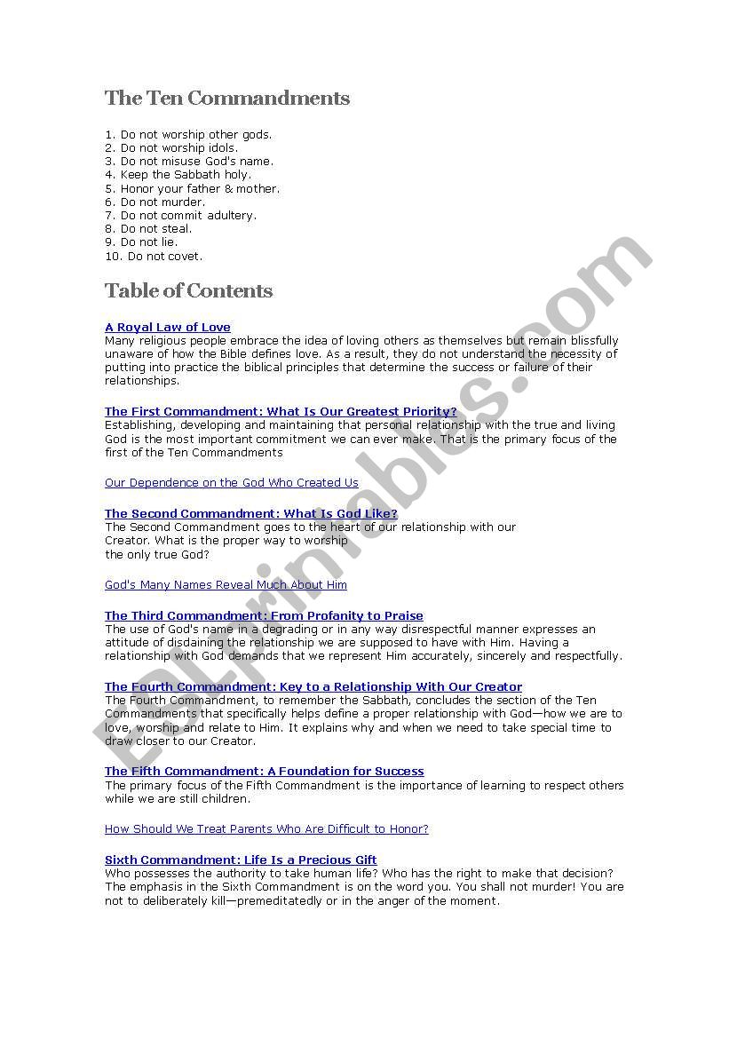 ten commaments worksheet